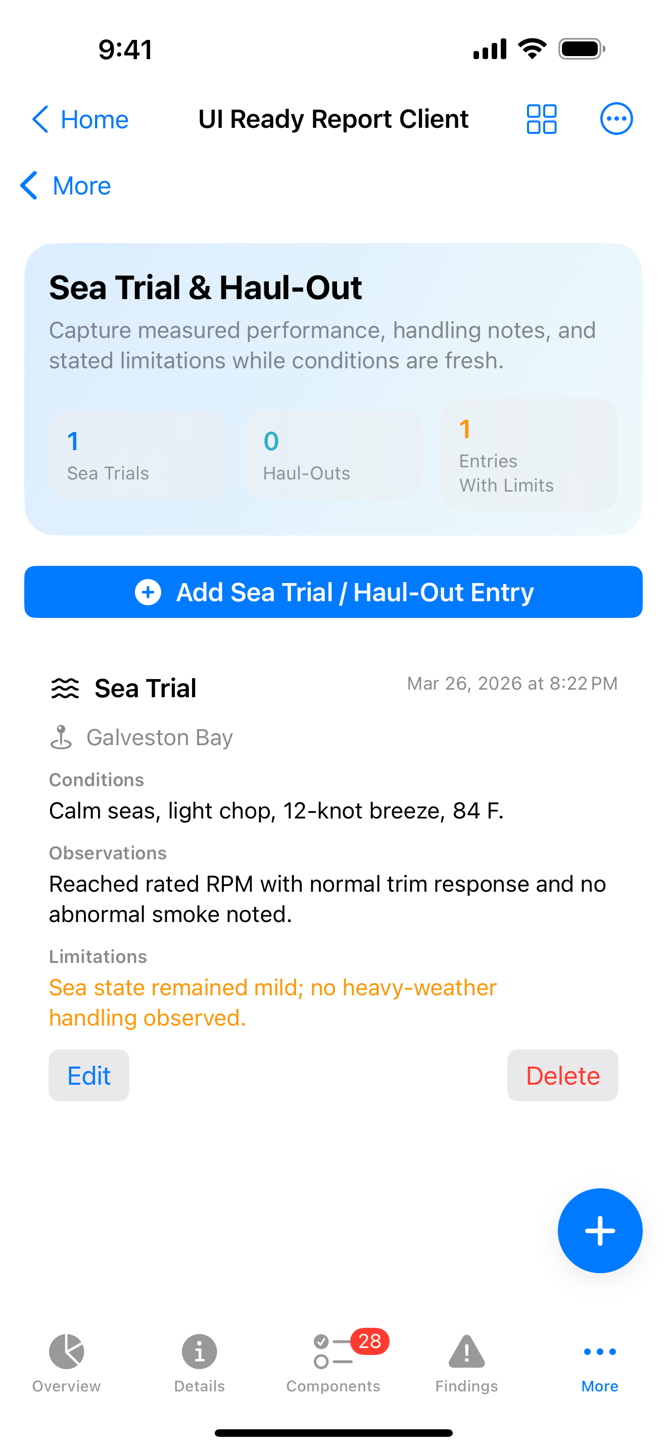 Operational log screen