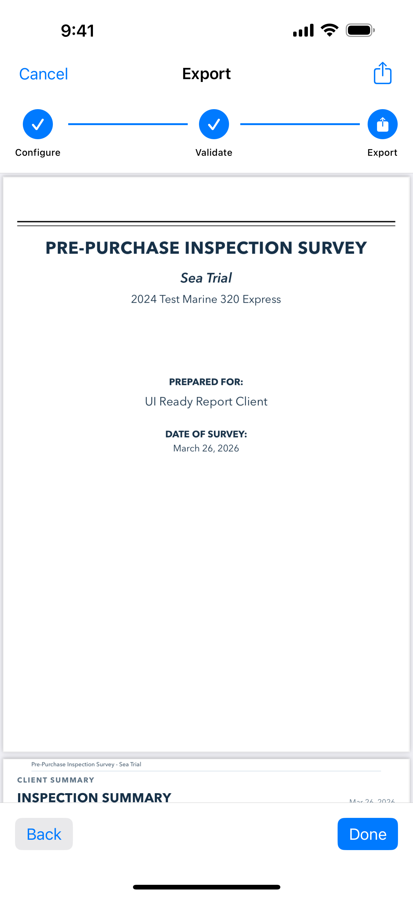 Report export screen in the app