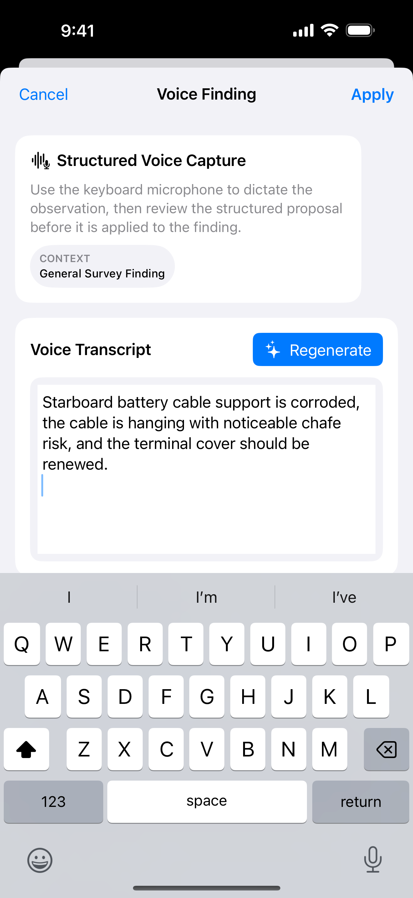 Structured voice capture screen