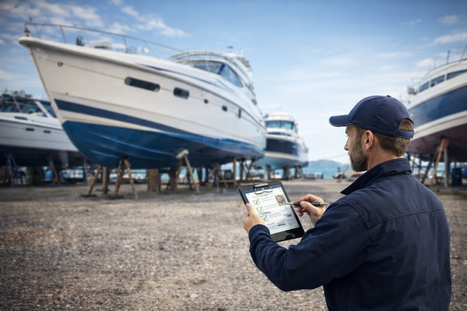 Marine survey being performed near hauled boats
